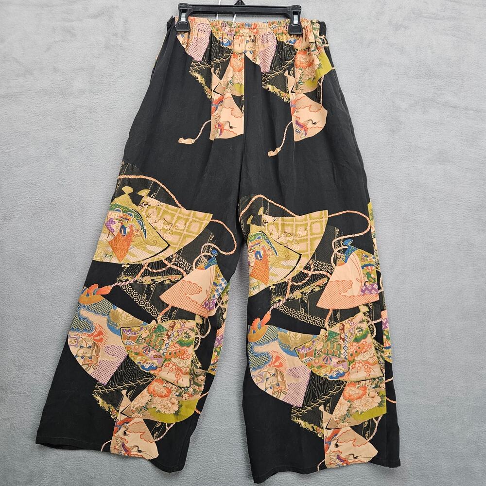 Vintage Cintron Japanese Fan Print Wide Leg Palazzo Pants Boho Wearable Art Sz S